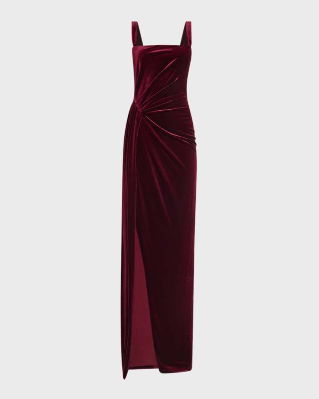 Domino Ruched Square-Neck Velvet Gown